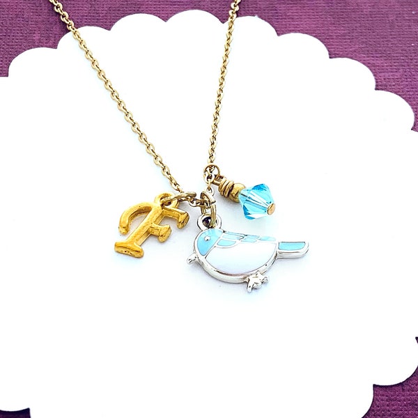 Blue Bird Necklace, Initial Pendant, Birthstone Necklace, Bird Jewelry, Bird Lover Gift, Cute Birds, Kids Jewellery, Little Girl Birthday