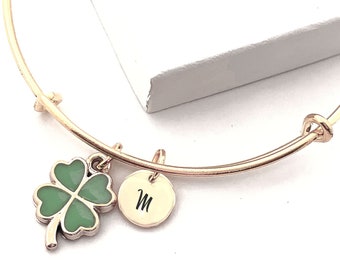 Clover Bracelet, Four Leaf Clover Bangle, Lucky Clover Bracelet, Shamrock Charm Bracelet, St Patricks Day Jewelry, Luck of the Irish Gifts