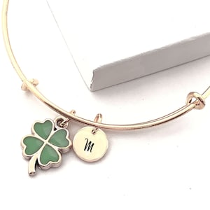 Clover Bracelet, Four Leaf Clover Bangle, Lucky Clover Bracelet, Shamrock Charm Bracelet, St Patricks Day Jewelry, Luck of the Irish Gifts