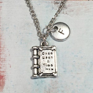 Book Initial Necklace Personalized Book Charm Jewelry Bookworm Gift Librarian Gift Once Upon A Time Necklace, Book Lover Book Club Gift