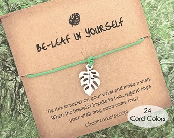 Beleaf In Yourself, Make A Wish Bracelet, Monstera Leaf Bracelet, Encouragement Gift, Friendship Bracelet, Inspiration Card and Gift for Her