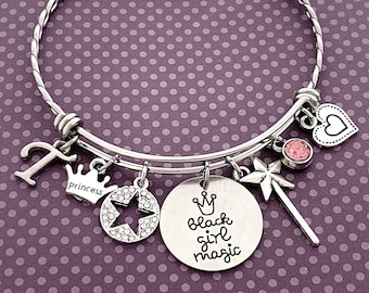 Black Girl Magic Bracelet, Initial Bangle, Black Girl Jewelry, Princess Birthday Gift, Personalized Gifts for Black Women, Best Friend Gift