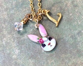 Bunny Rabbit Necklace, Initial Pendant, Enamel Rabbit Charm Jewelry, Bunny Lover Gift for Little Girls, Easter Gift, Easter Bunny Jewelry