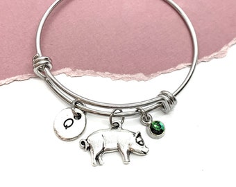 Pig Bracelet, Initial Bangle, Pig Charm Bangle, Personalized Pig Lover Gift, Farm Girl Gift, Little Girl Bangle Bracelet Farm Animal Jewelry