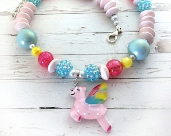 Unicorn Necklace, Unicorn Jewelry, Bubblegum Necklace, Chunky Bead Toddler Necklace, Bubble Gum Jewelry for Kids, Pink and Blue Jewelry