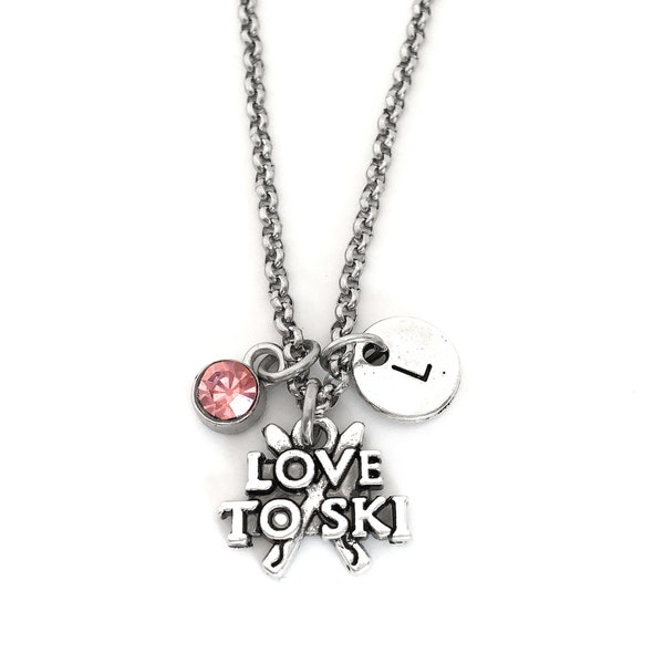 Ski Necklace, Ski Pendant, Love to Ski Necklace, Ski Jewelry, Initial Necklace, Ski Gifts for Women, Personalized Skier Gifts Ski Team Gifts