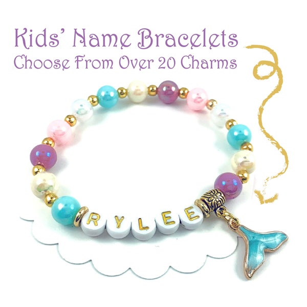 Mermaid Name Bracelet, Girls Personalized Mermaid Tail Name Bracelet, Beaded Name Bracelet for Girls, Childrens Jewelry, Stretchy Bracelet