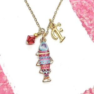 Fish Necklace, Enamel Fish Pendant, Initial Necklace, Personalized Gift, Gold Fish Charm Necklace, Fishing Gifts for Her, Jewelry For Kids