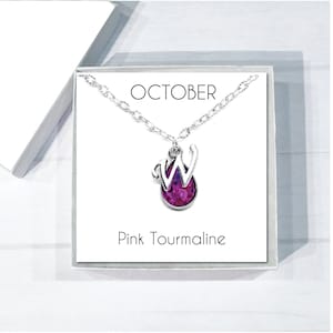 October Birthstone Necklace, Pink Tourmaline Teardrop Birthstone Pendant, Initial Necklace, Personalized October Birthstone Jewelry for Her
