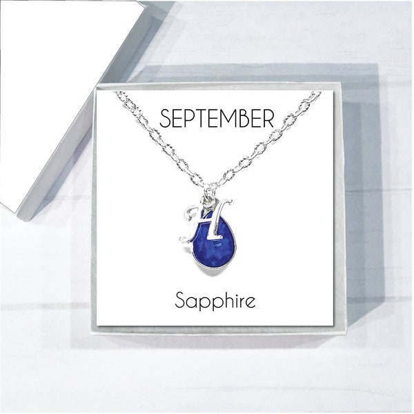 September Birthstone Necklace, Sapphire Teardrop Birthstone Pendant, Initial Necklace, Personalized Sapphire Birthstone Jewelry, Mom Gift