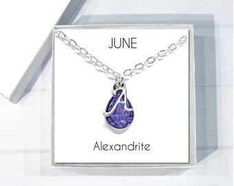 June Birthstone Necklace, Alexandrite Birthstone Pendant, Initial Necklace, Personalized Alexandrite Birthstone Jewelry, Birthday Gifts