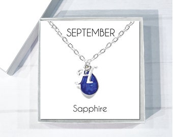 September Birthstone Necklace, Sapphire Teardrop Birthstone Pendant, Initial Necklace, Personalized Sapphire Birthstone Jewelry, Mom Gift