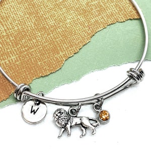 Lion Initial Bangle, Lion Jewelry for Women, Lion Charm Bracelet, Personalized Animal Lover Gift, Big Cat, Safari, Zoo Animals, Gift for Her