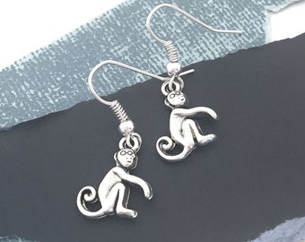 Monkey Earrings, Monkey Jewelry, Silver Dangle Earrings, Monkey Gifts for Her, Monkey Lover Gift, Monkey Charm Earrings, Animal Primate Gift