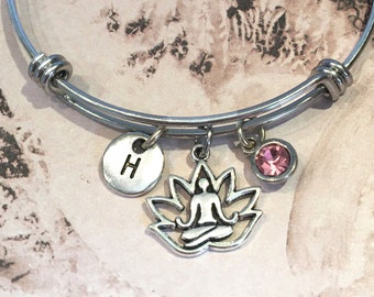 Lotus Bangle, Lotus Bracelet, Lotus Flower Bracelet, Initial Charm Bracelet, Lotus Jewelry, Lotus Gift, Yoga Bangle, Lotus Charm Bracelet