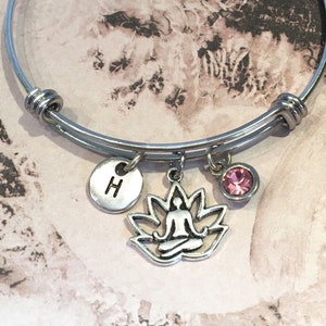 Lotus Bangle, Lotus Bracelet, Lotus Flower Bracelet, Initial Charm Bracelet, Lotus Jewelry, Lotus Gift, Yoga Bangle, Lotus Charm Bracelet