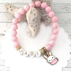 Bunny Rabbit Name Bracelet, Rabbit Jewelry for Kids, Personalized Gifts, Custom Name Jewelry for Girls, Pink Beaded Charm Bracelet