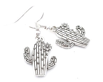 Cactus Earrings Silver, Cactus Dangle Earrings, Saguaro Cactus Jewelry Cactus Themed Gifts Southwest Earrings Cactus Charm Cactus Lover Gift