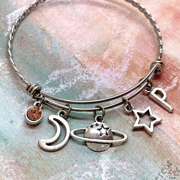 Space Bracelet, Saturn Planet Charm Bracelet, Space Themed Jewelry, Personalized Space Lover Gift, Celestial Bangle, Outer Space Jewelry