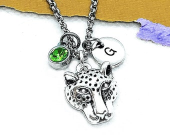 Leopard Necklace, Initial Necklace, Snow Leopard Jewelry, Personalized Big Cat Gifts, Cat Lover Gifts, Christmas Gifts for Girls, Teens, Her