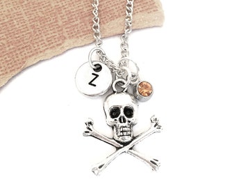 Skull and Crossbones Initial Necklace Pendant, Pirate Charm Jewelry, Pirate Gifts Jolly Roger Biker Jewelry, Halloween Necklace for Him