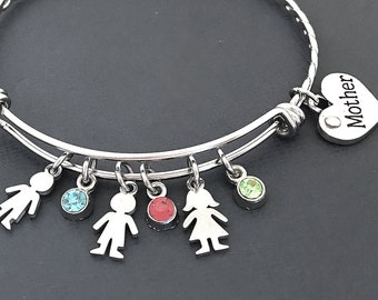 Mothers Day Bangle, Mothers Day Jewelry, Mom Bracelet with Kids Birthstones, Boy and Girl Charms, Gift for Mother, Family Birthstone Gifts