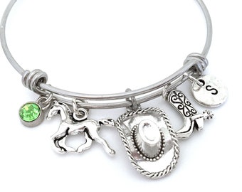 Cowgirl Bracelet, Cowgirl Charm Bracelet, Cowgirl Bangle Bracelet, Cowgirl Jewelry, Cowgirl Gifts, Initial Bangle Personalized Silver Bangle