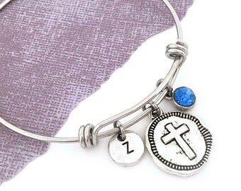 Cross Bangle, Cross Charm Bracelet, Cross Medallion Bracelet, Stamped Cross Jewelry, Personalized Cross Gifts, Christian Bracelets for Women