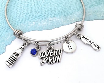 Runner Bangle, Personalized Runners Charm Bracelet Initial Bangle Runners Gift for Her Love to Run Jewelry, Marathon Gift for Track Runner