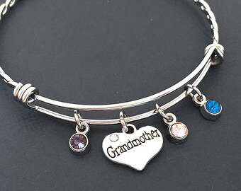 Grandmother Bracelet, Grandkids Birthstone Bangle Grandchildren Bracelet Family Birthstone Jewelry, Personalized Gift, Grandma Birthday Gift