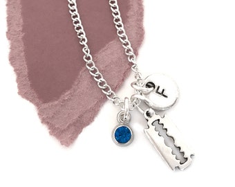 Razor Blade Necklace, Razor Blade Jewelry, Personalized Initial Necklace, Razor Blade Charm, Goth, Punk, Halloween Gifts for Her, Him, EMO
