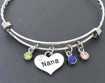 Nana Bracelet, Nana Gift from Baby, Family Birthstone Bangle Bracelet, Nana Charm Jewelry, Family Gift for Grandma, Birthday Gift from Child