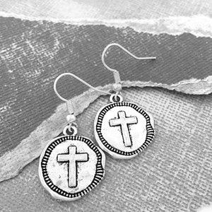 Cross Earrings Cross Medallion Cross Jewelry Silver Dangle Earrings Cross Gifts for Her, Christian Earrings, Religious Gifts for Women