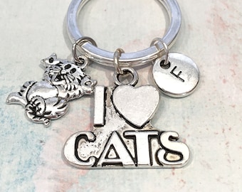 Cat Keychain Personalized, Cat Gifts for Girls, Cat Key Ring, Initial Keyring, Kitty Keychain, I Love Cats, Kitty Cat Charm, Cat Key Chain