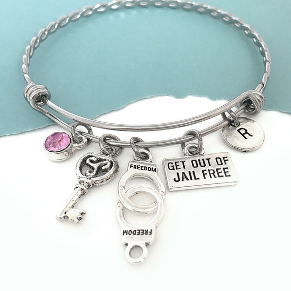 Retirement Charm Bracelet, Funny Retirement Gifts for Women, Initial Bangle, Personalized Unique Retirement Gifts, Get Out of Jail Free Card