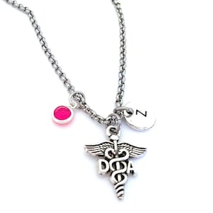 Dental Assistant Necklace, Initial Necklace, Personalized Dental Jewelry, Dental Assistant Graduation Gift for Her Caduceus Necklace Pendant