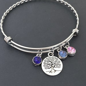 Tree of Life Bracelet, Birthstone Charm Bracelet, Custom Bangle Bracelet, Personalized Gift for Mom, Grandmother Gift, Family Charm Jewelry
