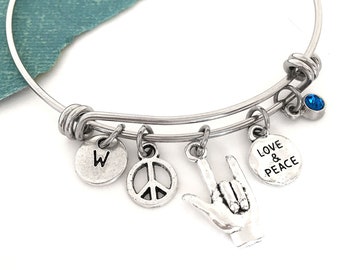 Love Bangle Peace Initial Bracelet for Women, Love Hand Sign I Love You Sign Language Charm, Personalized Gift Peace Symbol Jewelry