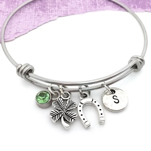 Four Leaf Clover Bangle, Shamrock Bangle Bracelet, Horseshoe Bangle, Good Luck Bracelet for Women, Four Leaf Clover Jewelry Shamrock Jewelry