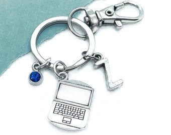 Laptop Charm Keychain, Initial Keyring, Computer Lover Gift, Techie Gifts, IT Retirement Gift Idea, Personalized Gift, Geek Gifts for Him