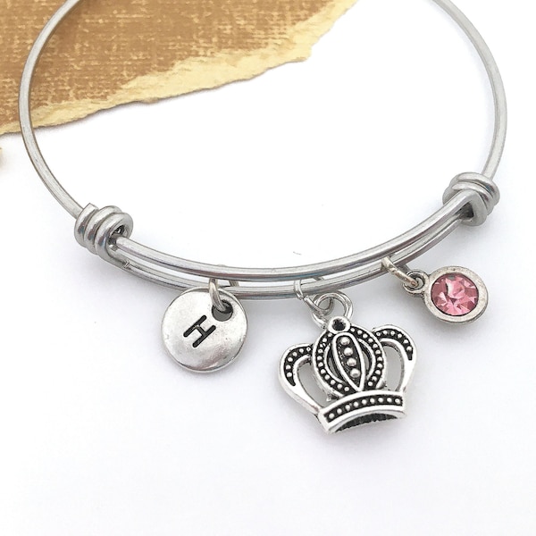 Crown Charm Bracelet, Crown Bangle, Crown Jewelry, Crown Gift for Women,  Pageant Jewelry, Expandable Bangle, Personalized Initial Bracelet