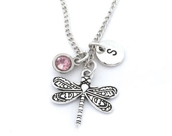 Silver Dragonfly Necklace, Dragonfly Jewelry, Dragonfly Initial Necklace, Dragonfly Gift, Personalized Bug Lover Gifts, Insect Charm Jewelry
