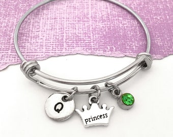 Princess Bangle Bracelet, Princess Crown Bracelet, Little Girl Bangle, Personalized Initial Bracelet Crown Princess Jewelry for Little Girls