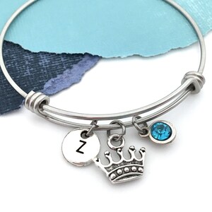 Crown Initial Bangle, Princess Crown Charm Bracelet, Crown Jewelry, Pageant Jewelry, Crown Gift for Women, Personalized Expandable Bangle