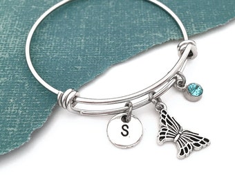 Butterfly Bangle Bracelet, Little Girl Butterfly Jewelry, Butterfly Charm Bracelet, Personalized Initial Bracelet, Little Girl Bangle Gift
