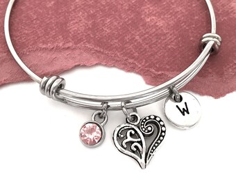 Heart Bangle Bracelet, Filigree Heart Charm Bracelet, Personalized Heart Jewelry Gifts for Mom, Valentine Heart Bracelet, Initial Bracelet