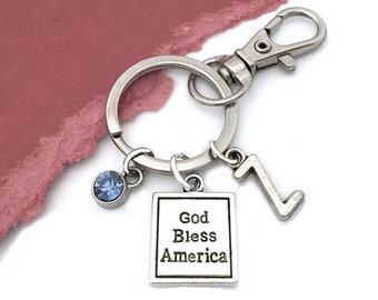 Patriotic Keychain, God Bless America Keychain, USA Initial Keychain, Fourth of July Keychain, Independence Day Gift, Military Gift for Dad