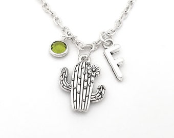 Cactus Necklace Silver, Cactus Pendant, Saguaro Necklace, Cactus Jewelry, Personalized Cactus Gifts for Women Initial Necklace Cactus Charm