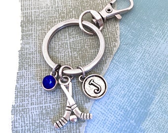 Hockey Keychain, Hockey Stick Key Chain, Initial Keyring, Hockey Lovers, Hockey Gifts for Team, Personalized Hockey Charm Keychain With Clip