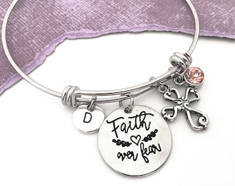 Faith Bangle, Faith Over Fear Bangle Bracelet, Faith Over Fear Jewelry for Her Cross Bangle Christian Bangle Bracelets Faith Gifts for Women